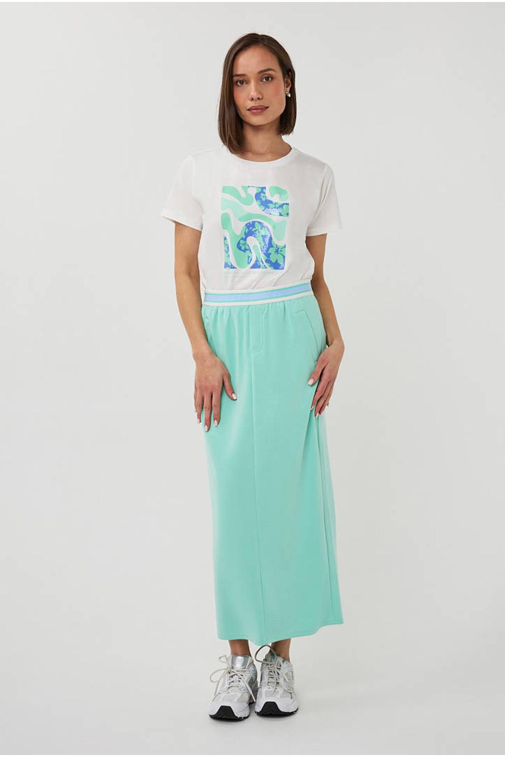 Ecru en blauwe dames Esqualo -shirt met printopdruk, korte mouwen en ronde hals