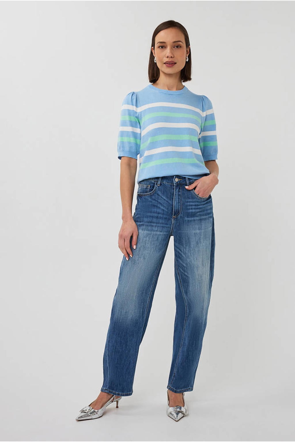 Lichtblauwe dames Esqualo gestreepte top van viscose met half lange mouwen, ronde hals en geribde boorden