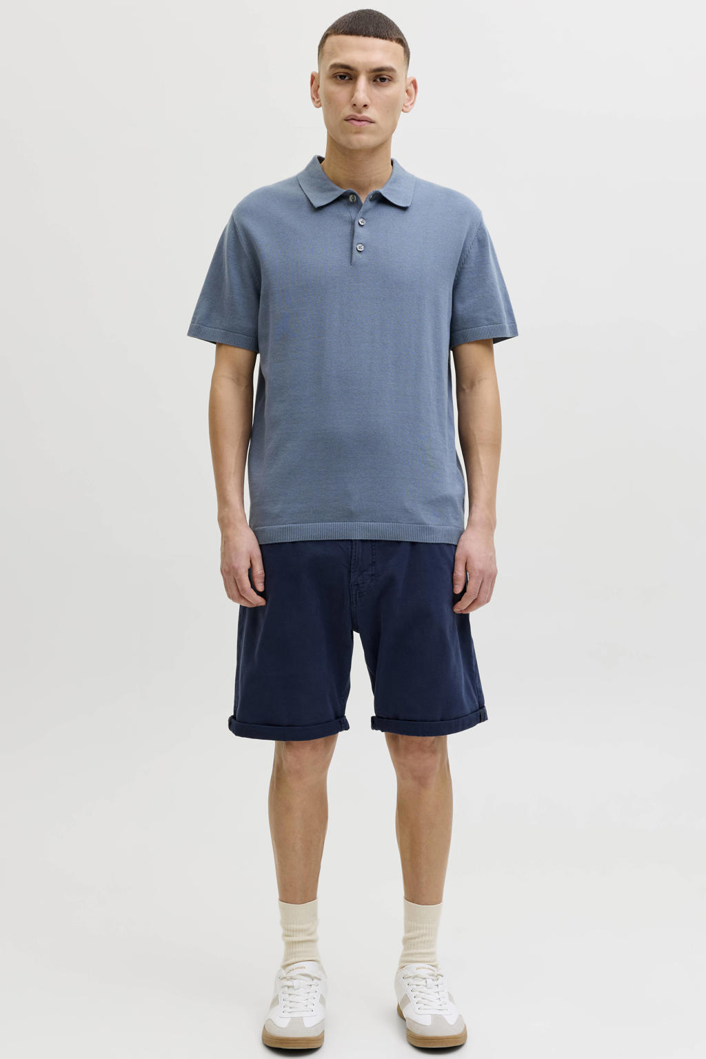 Blauwe heren JACK & JONES regular polo gebreid van katoen met effen, korte mouwen en knoopsluiting