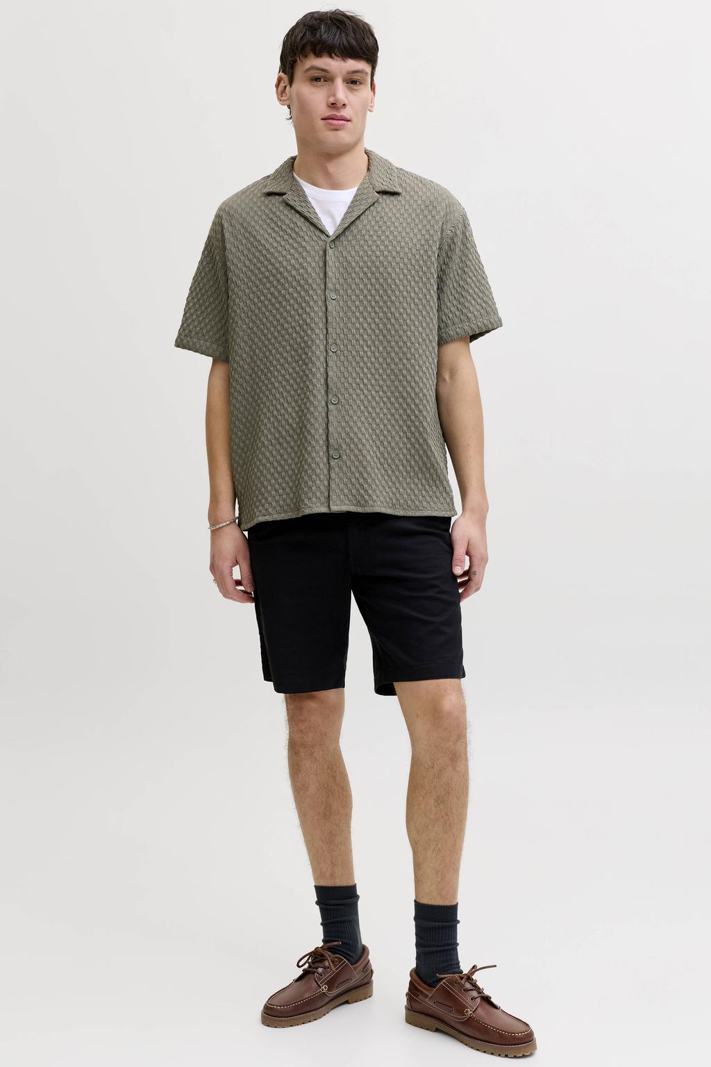Kakikleurige heren JACK & JONES loose casual overhemd van polyester met effen, korte mouwen, reverskraag, knoopsluiting en textuur