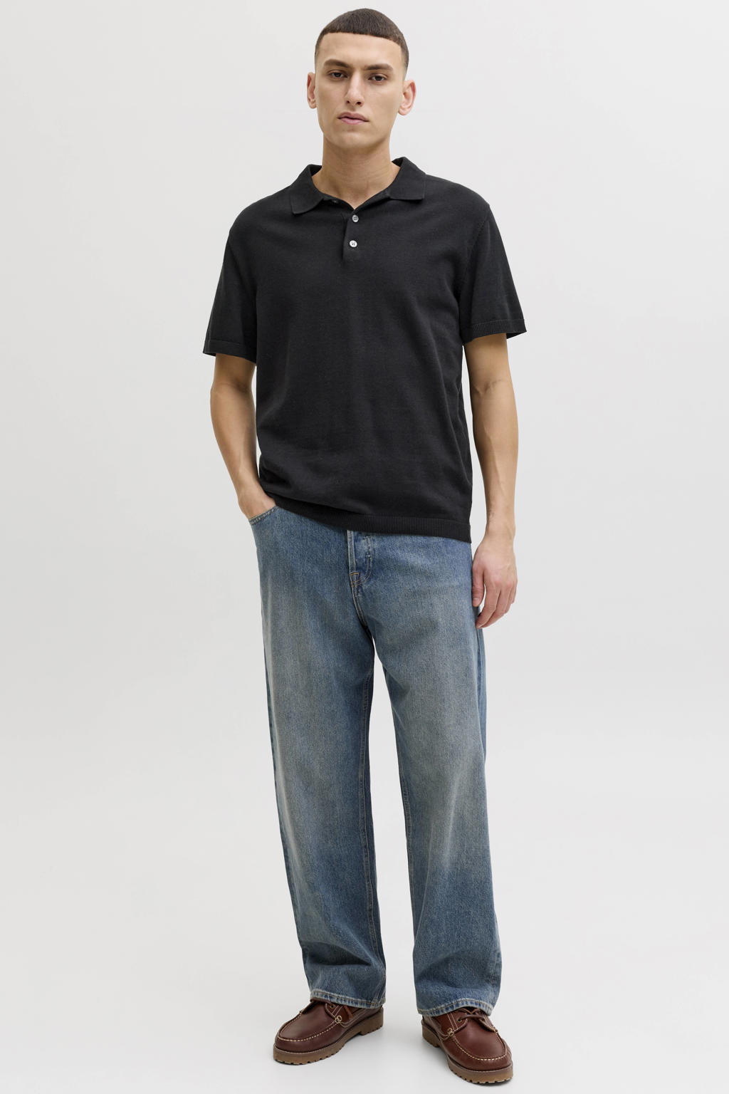 Zwarte heren JACK & JONES regular polo gebreid van katoen met effen, korte mouwen, knoopsluiting en pique
