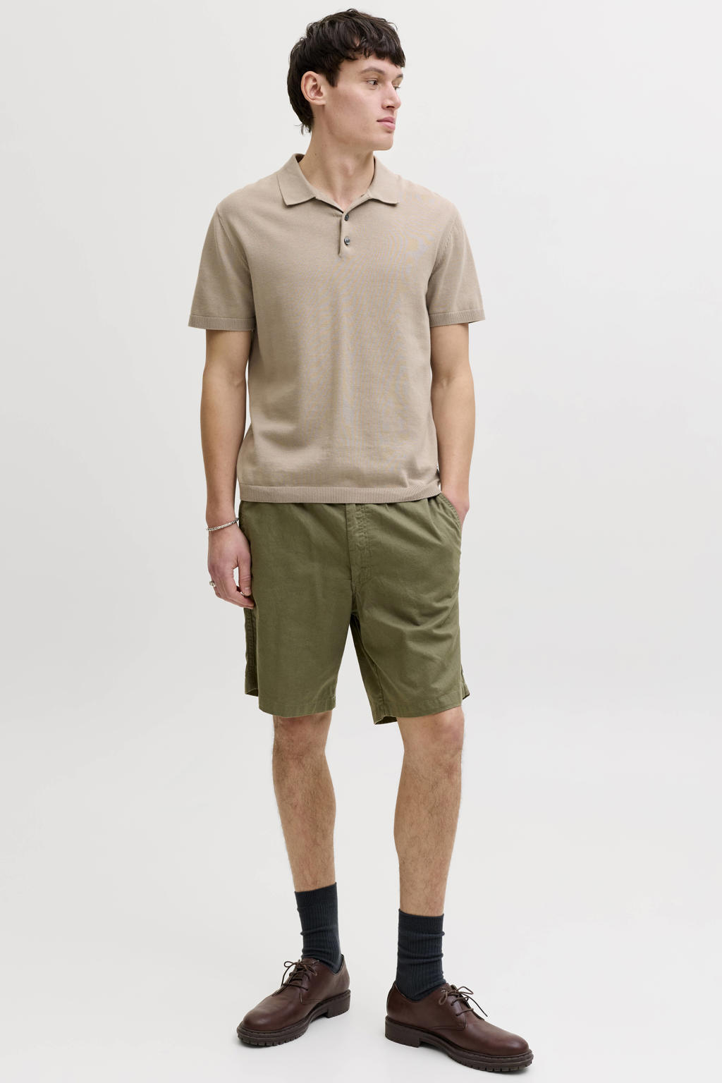 Beige heren JACK & JONES regular polo gebreid van katoen met effen, korte mouwen en knoopsluiting