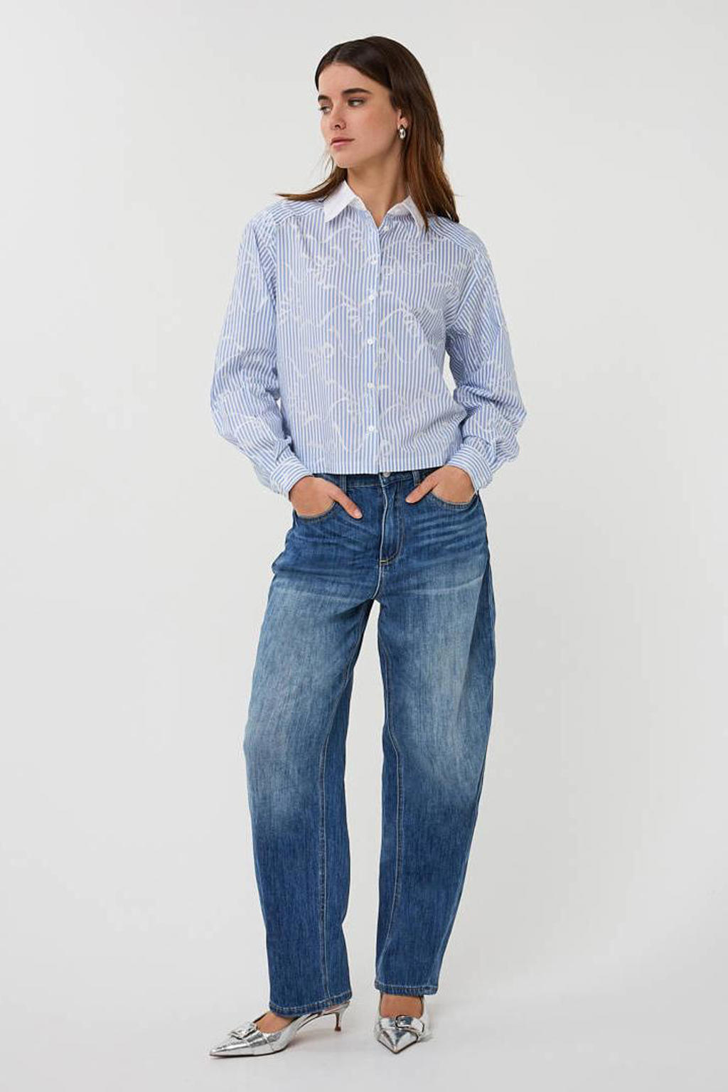 Blauw en witte dames Esqualo gestreepte blouse van katoen met lange mouwen, klassieke kraag en knoopsluiting