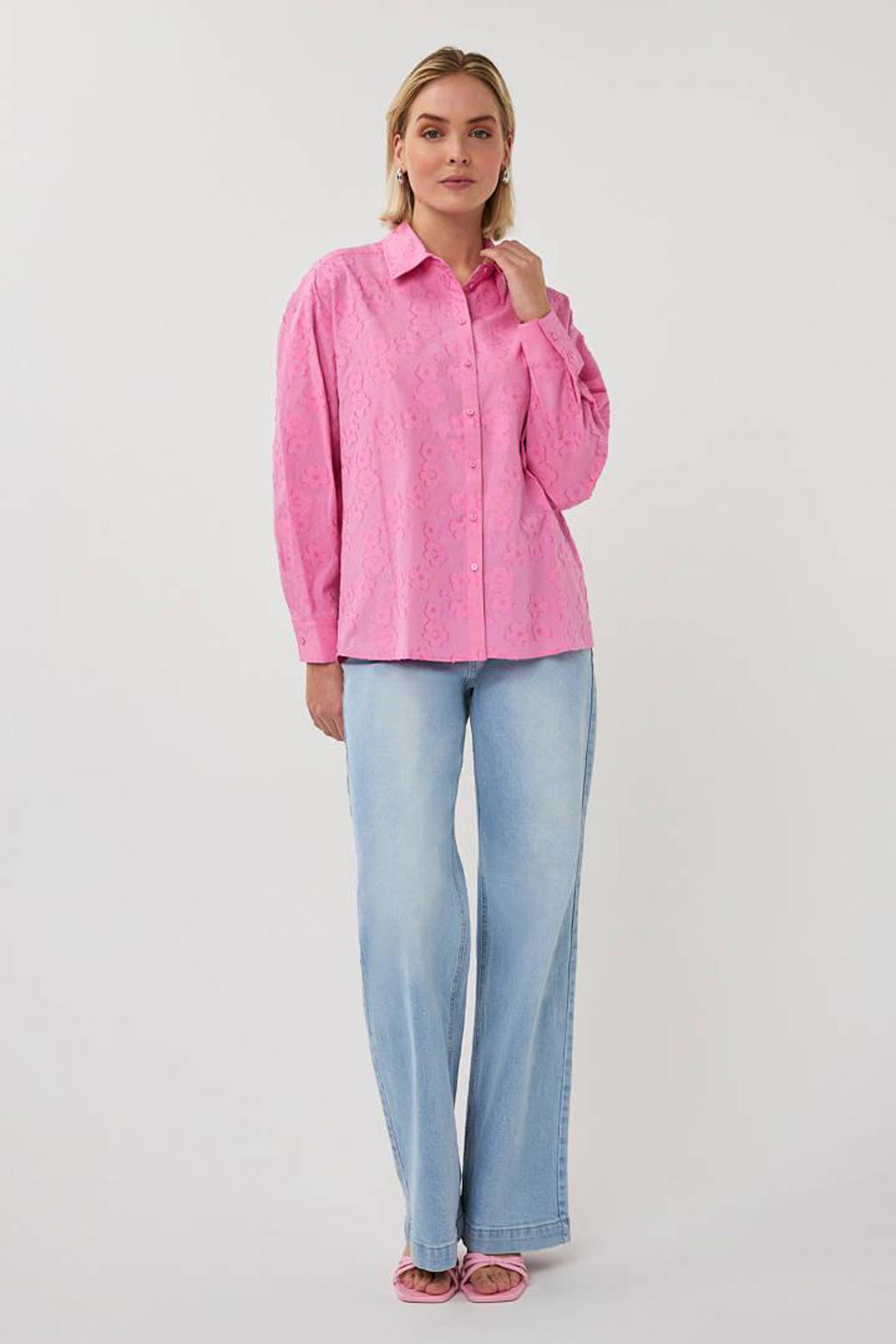 Roze dames Esqualo gebloemde blouse van katoen met lange mouwen, klassieke kraag, knoopsluiting en borduursels