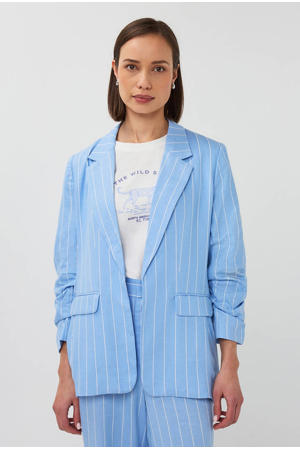 getailleerde blazer met linnen met krijtstreep blauw
