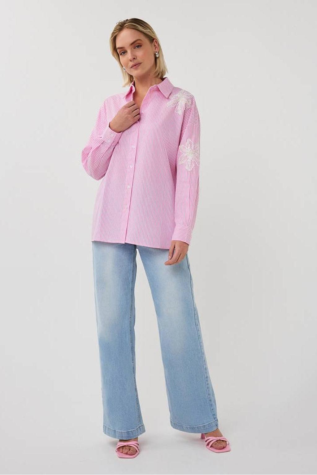 Roze en witte dames Esqualo gestreepte blouse van katoen met lange mouwen, klassieke kraag, knoopsluiting en borduursels