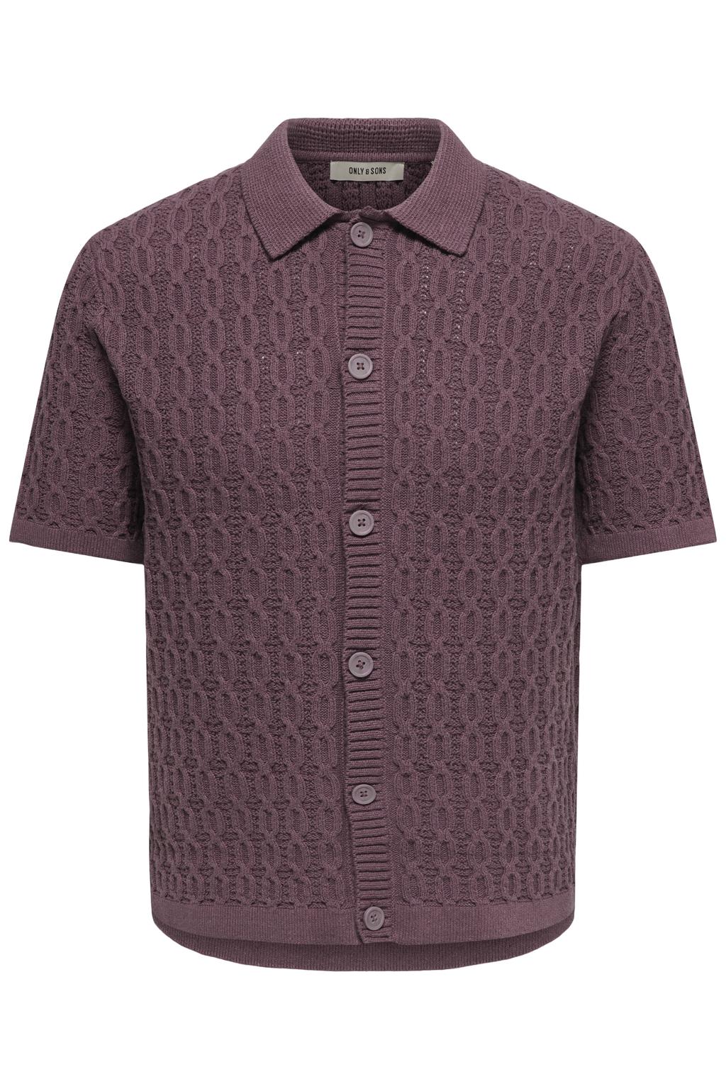 Donkerpaarse heren ONLY & SONS regular fit overhemd van katoen met effen, korte mouwen, klassieke kraag en gebreide details