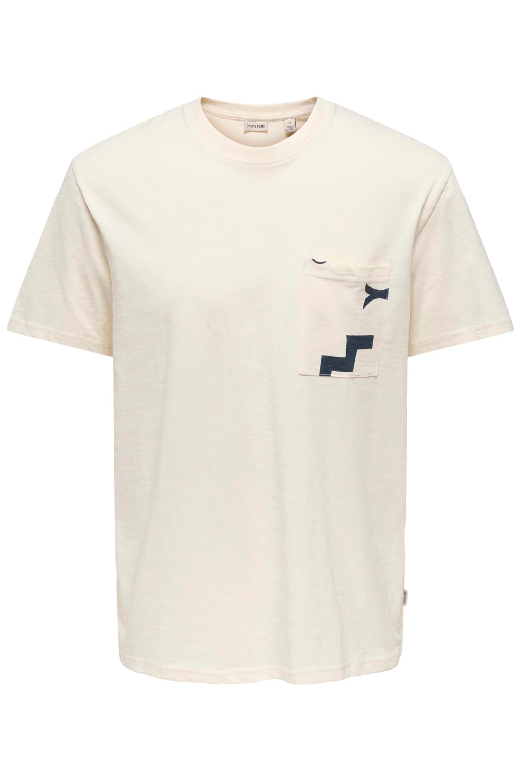 Ecru heren ONLY & SONS regular T-shirt van katoen met printopdruk, korte mouwen en ronde hals