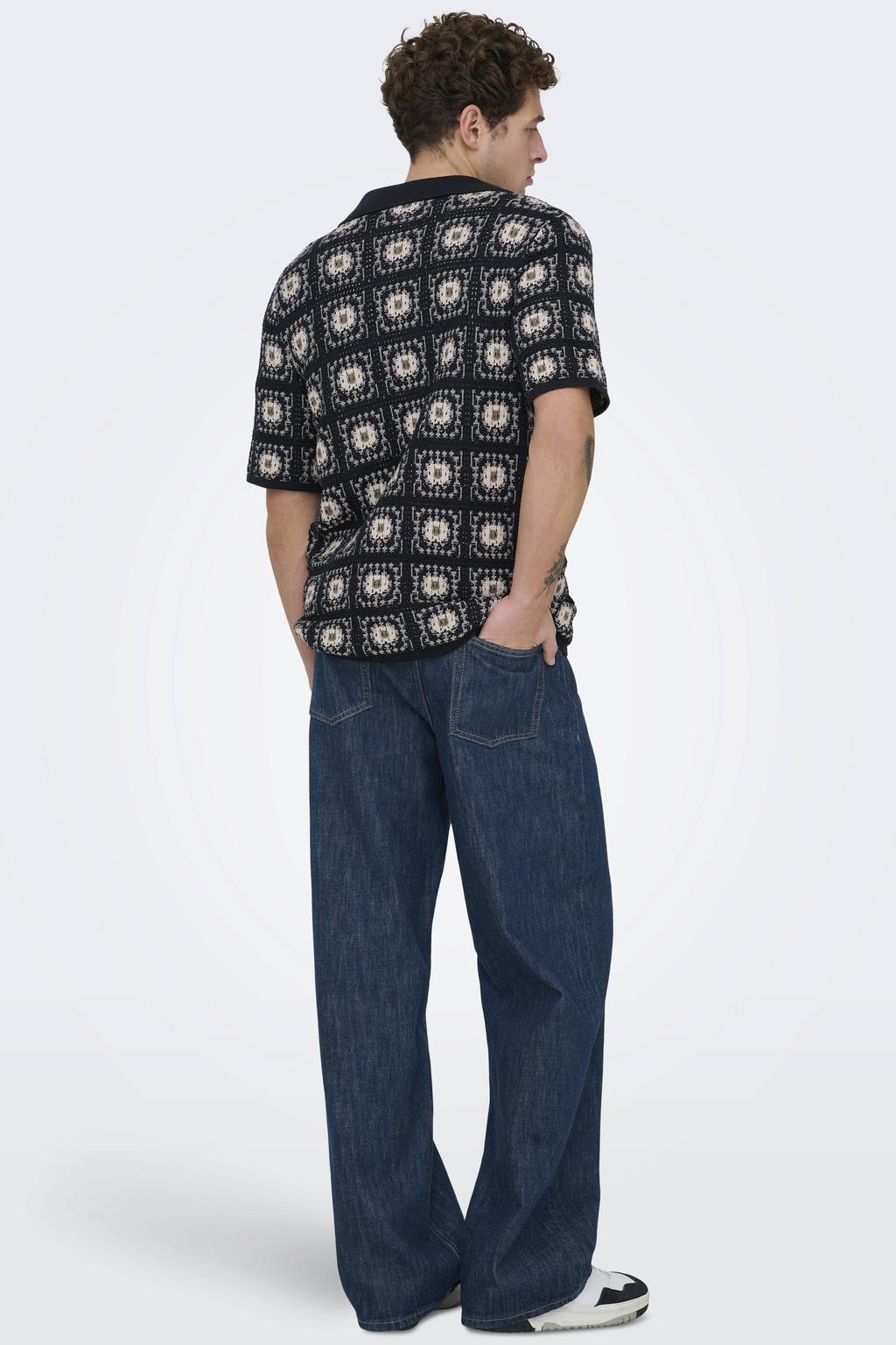 Donkerblauwe heren ONLY & SONS relaxed casual overhemd patroon met korte mouwen, reverskraag en knoopsluiting