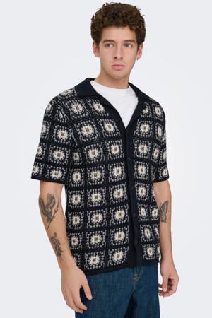 relaxed casual overhemd met ingebreid patroon donkerblauw