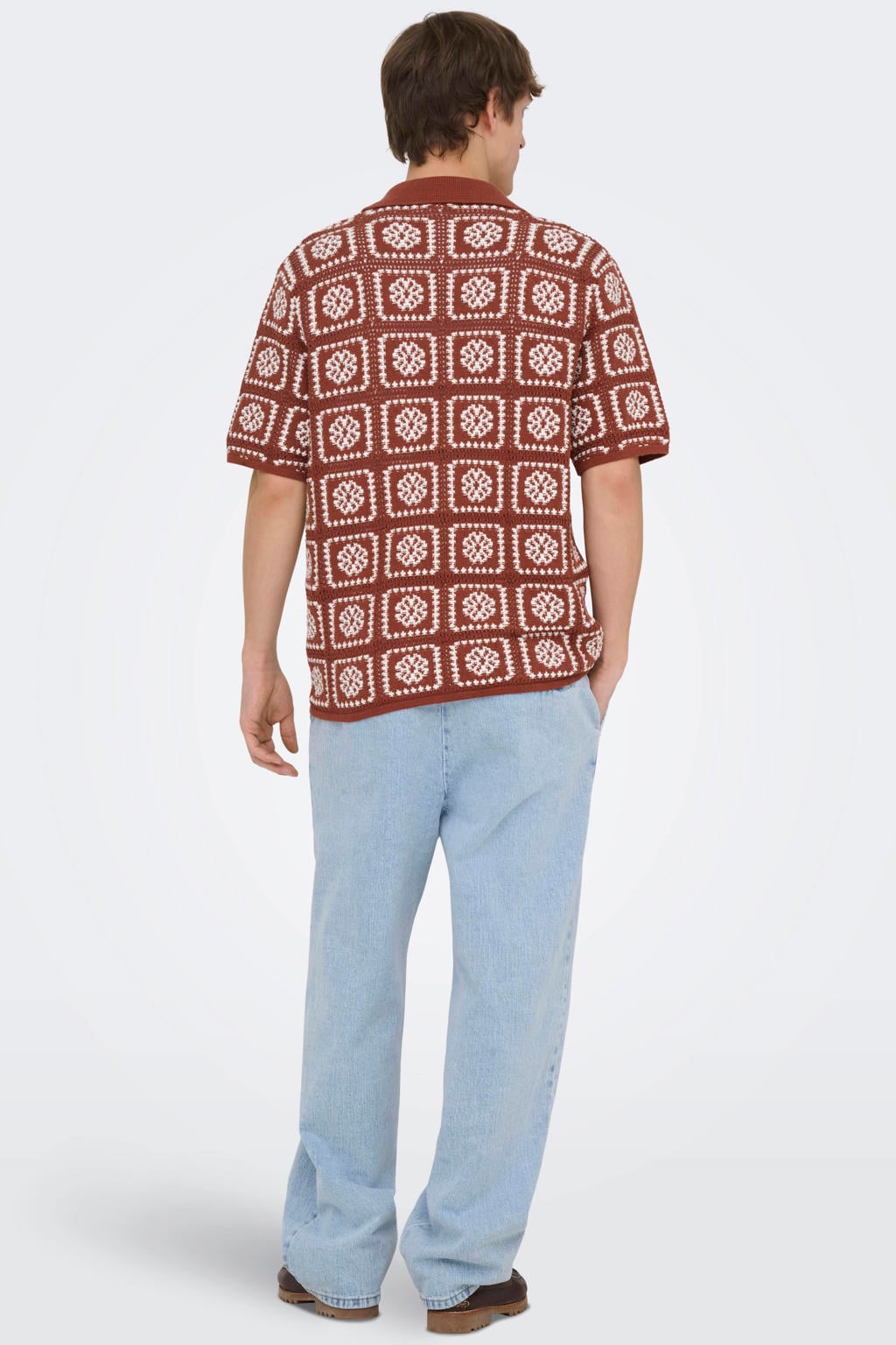 Brique heren ONLY & SONS relaxed casual overhemd patroon met korte mouwen, reverskraag en knoopsluiting