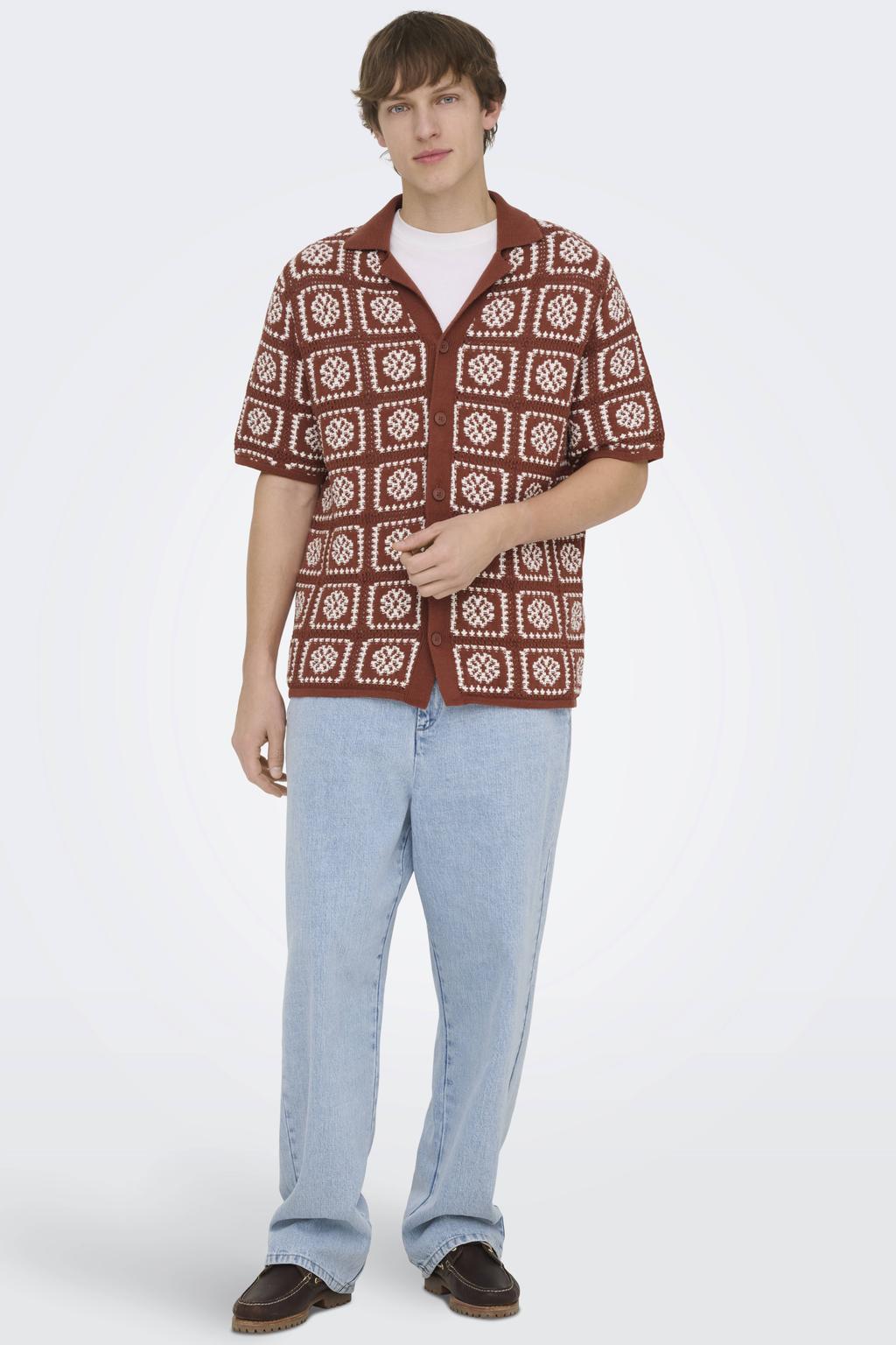 ONLY & SONS relaxed casual overhemd met ingebreid patroon brique