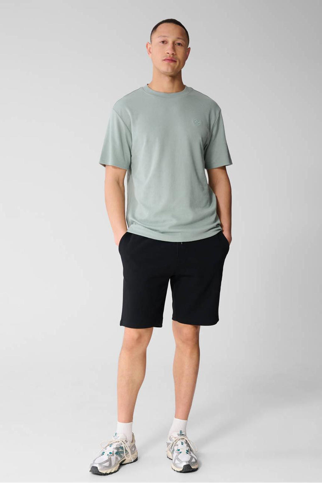 Lichtgroene heren Shoeby regular T-shirt van katoen met logo dessin, korte mouwen, ronde hals en geribde boorden