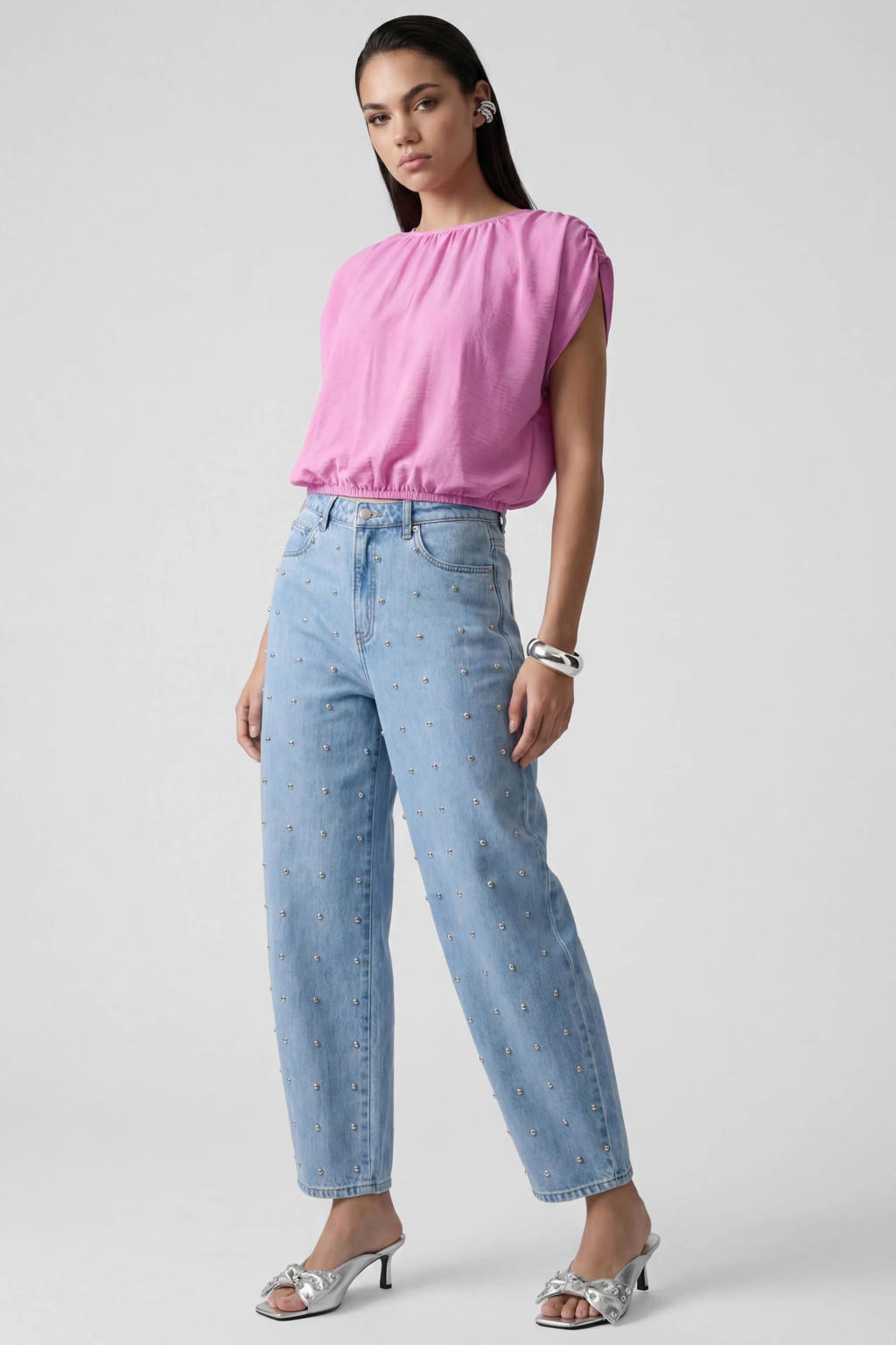 Roze dames Shoeby top van polyester met effen, ronde hals en schoudervulling