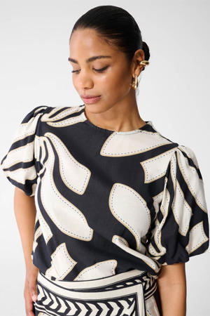 blousetop met bladprint zwart