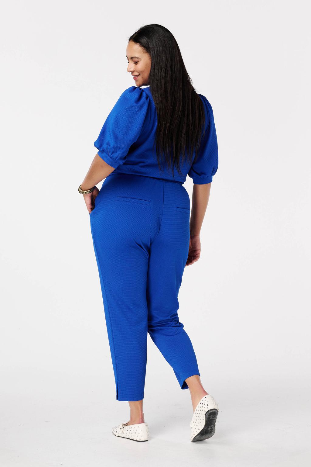Blauwe dames MS Mode slim regular waist broek van polyester met elastische tailleband met koord en effen