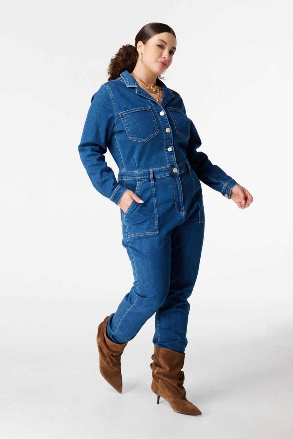 Dark blue denim dames MS Mode jumpsuit dark blue van denim met rits- en knoopsluiting en effen