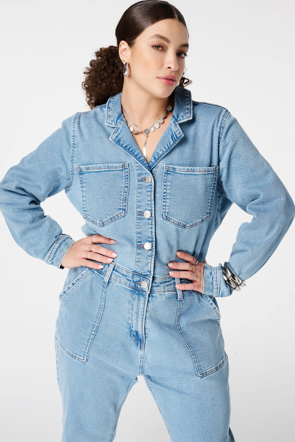 Light blue denim dames MS Mode jumpsuit van denim met rits- en knoopsluiting en effen