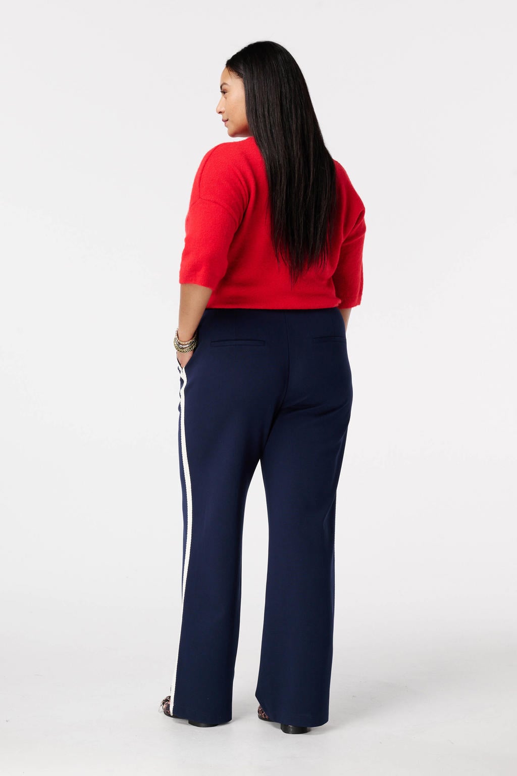 Donkerblauwe dames MS Mode wide leg regular waist gestreepte broek van viscose