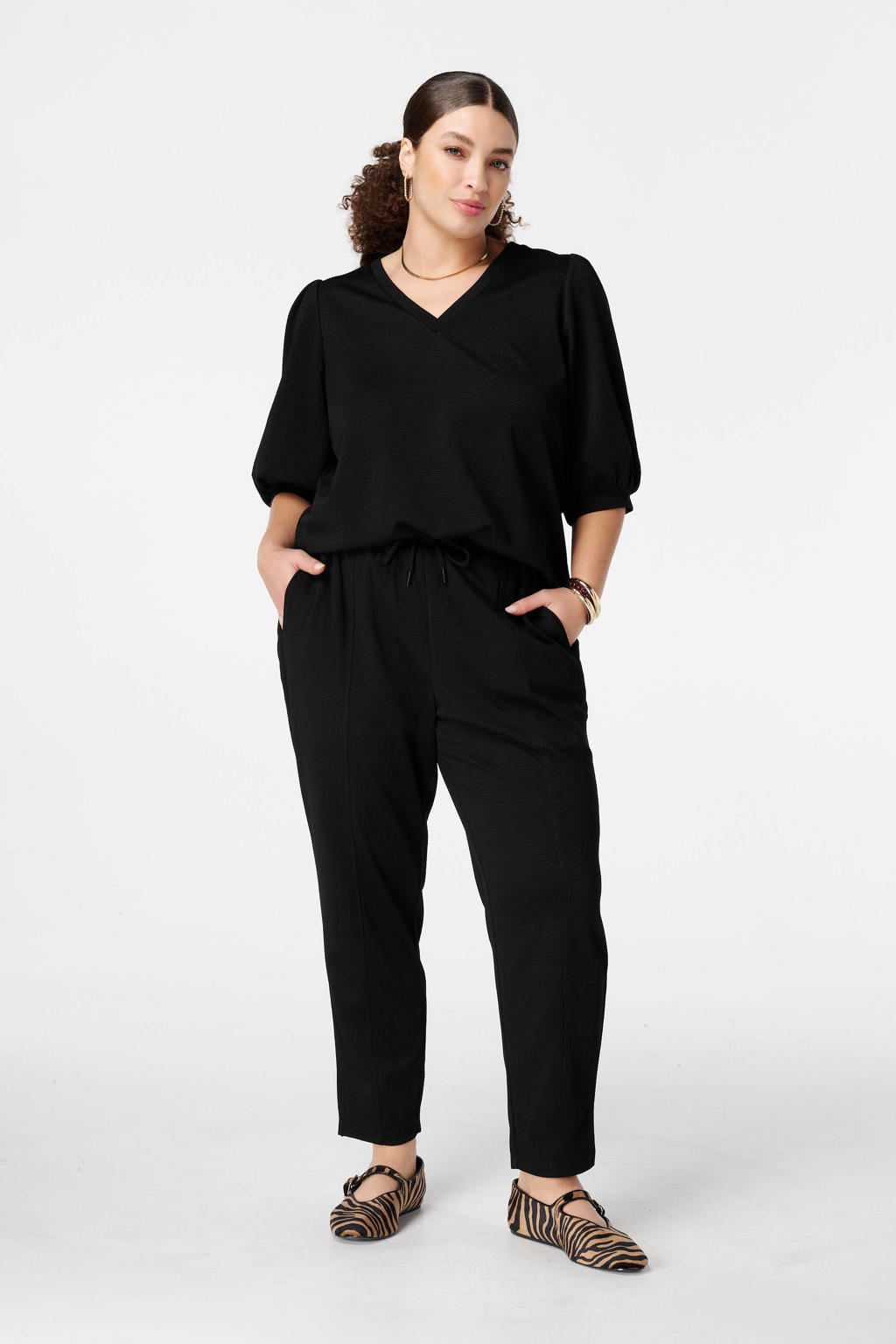 Zwarte dames MS Mode slim regular waist broek van polyester met elastische tailleband met koord en effen