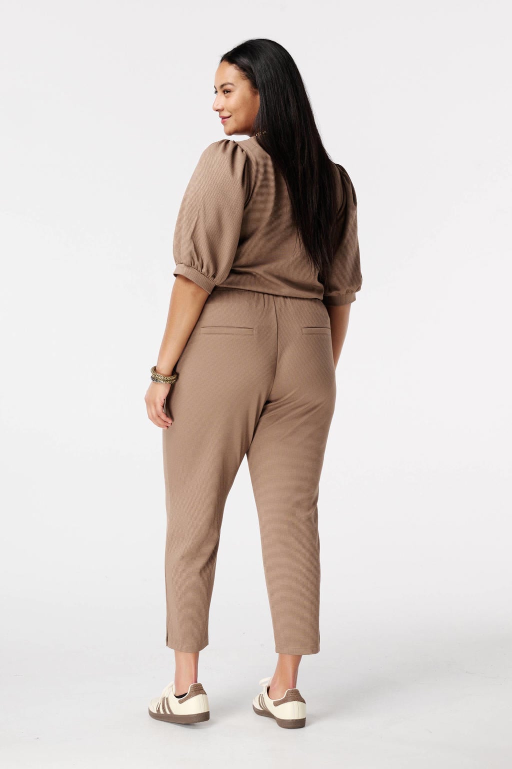 Taupe dames MS Mode slim regular waist broek van polyester met elastische tailleband met koord en effen