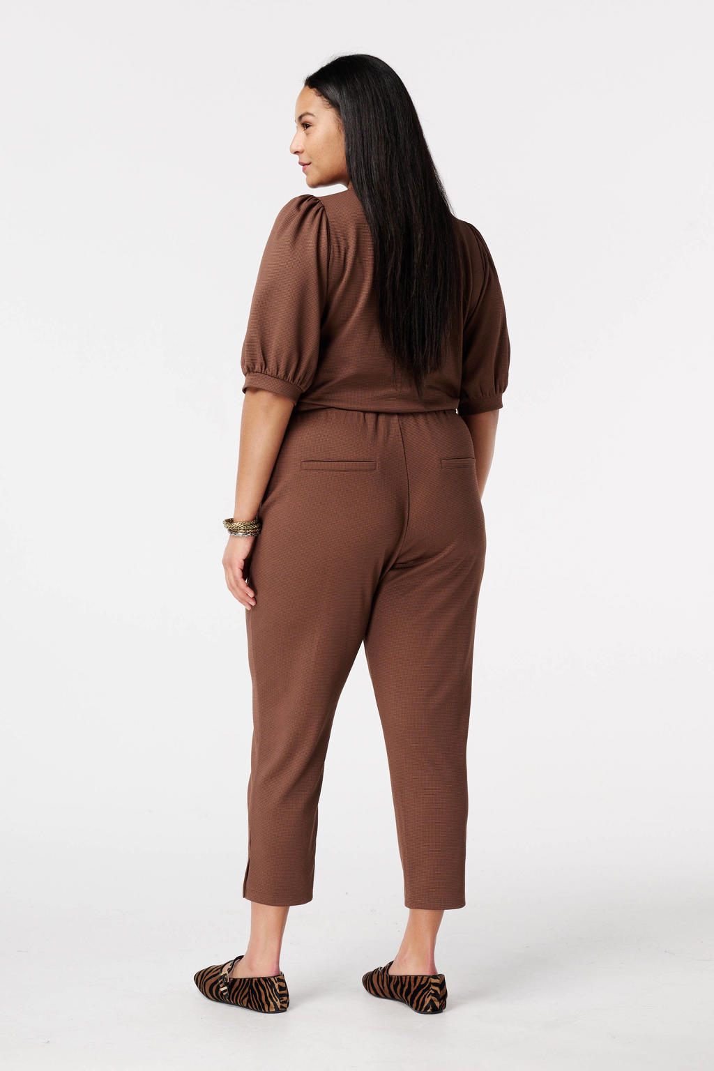 Bruine dames MS Mode slim regular waist broek van polyester met elastische tailleband met koord en effen