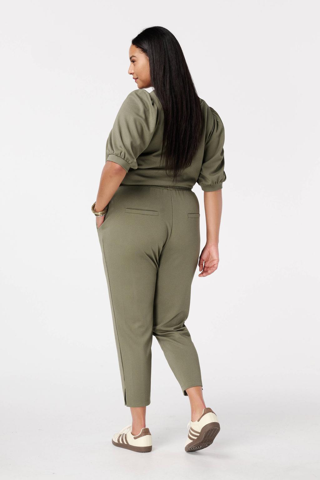 Kakikleurige dames MS Mode slim regular waist broek van polyester met elastische tailleband met koord en effen