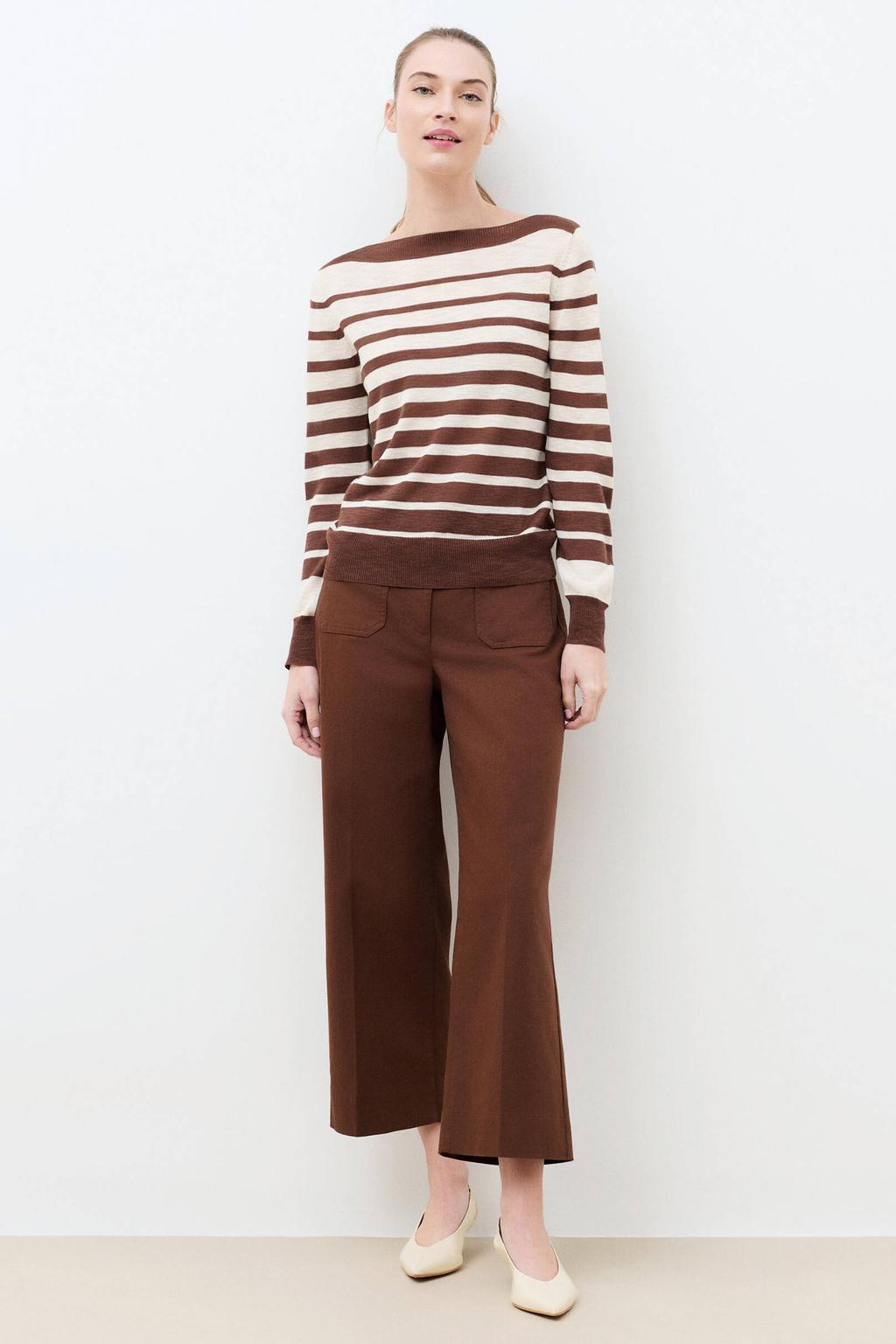 Bruin en ecru dames Caroll gestreepte gebreide trui van viscose met lange mouwen en boothals