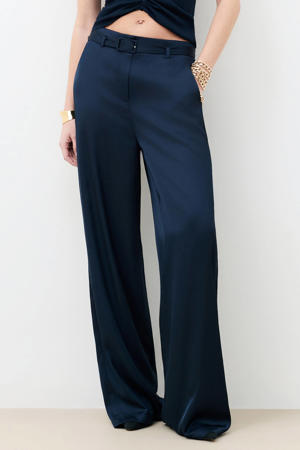 satijnen wide leg regular waist pantalon marineblauw