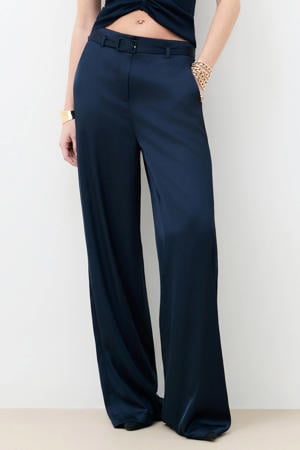 satijnen wide leg regular waist pantalon marineblauw