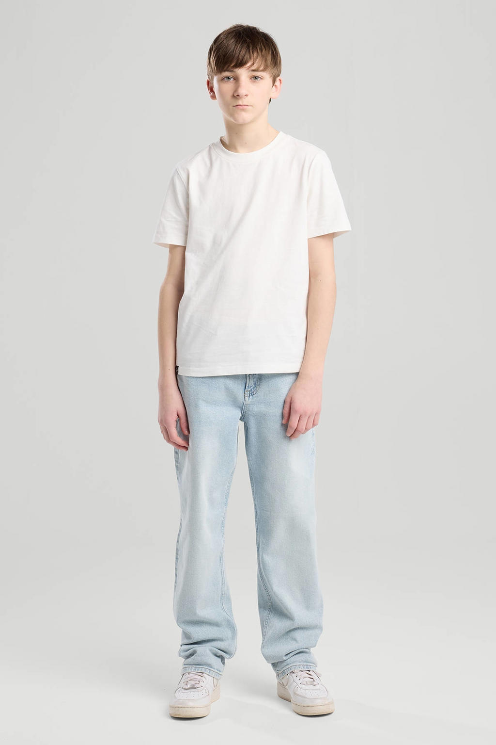 Light blue denim jongens America Today straight leg jeans van denim met rits- en knoopsluiting en effen
