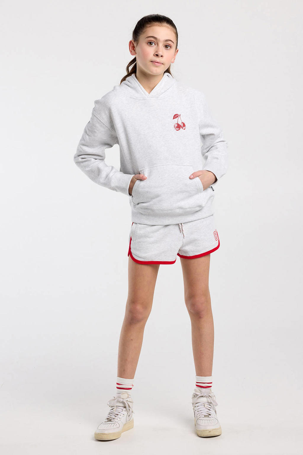 Lichtgrijs en rode meisjes America Today sweatshort met elastische tailleband met koord en printopdruk