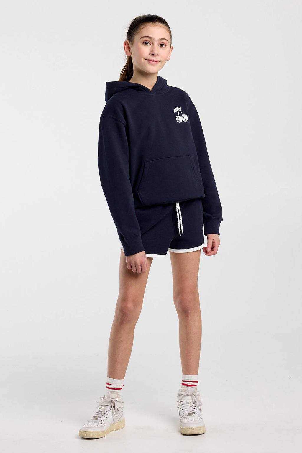 Donkerblauwe meisjes America Today sweatshort met elastische tailleband met koord en printopdruk