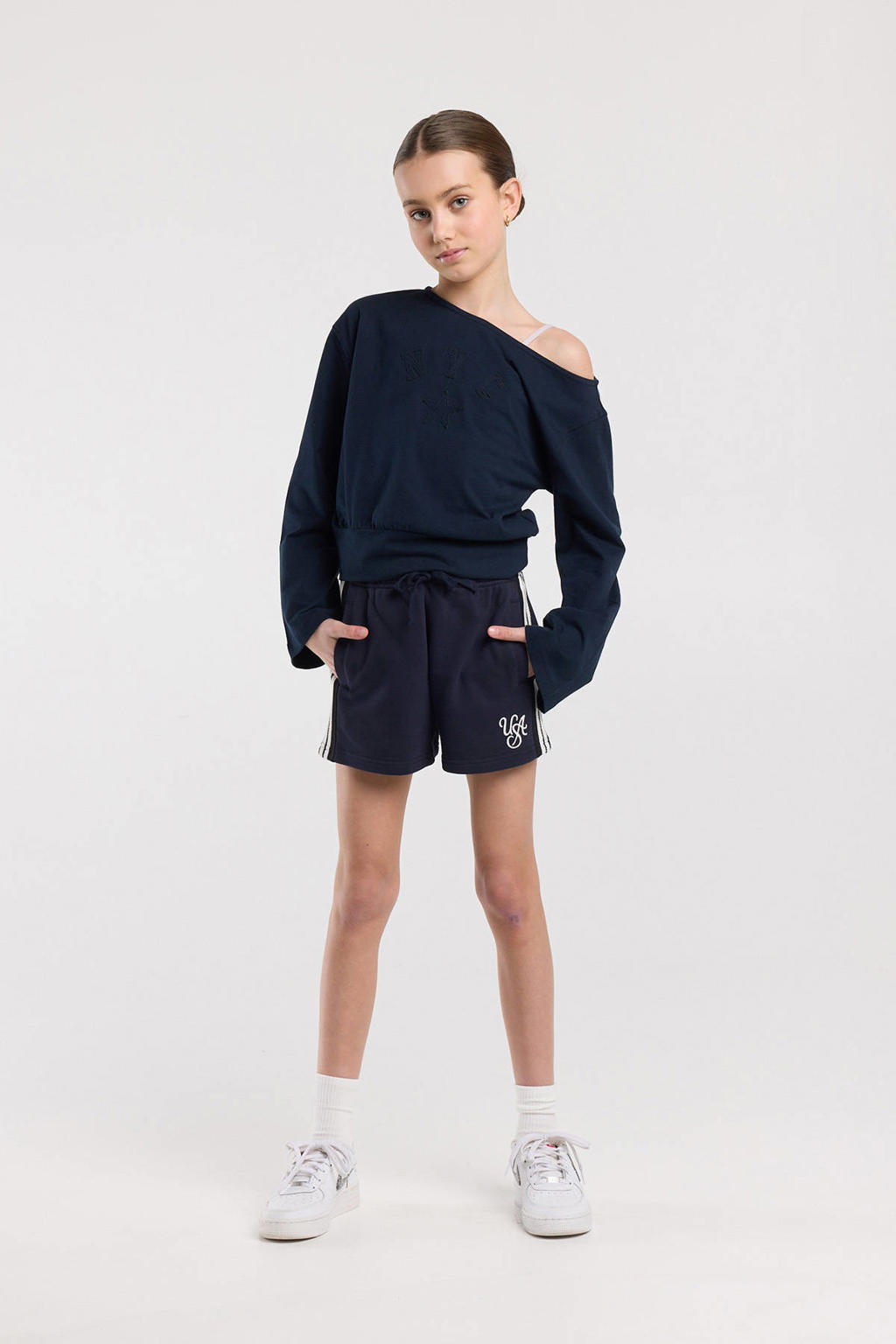 Donkerblauwe meisjes America Today sweatshort met elastische tailleband met koord en effen