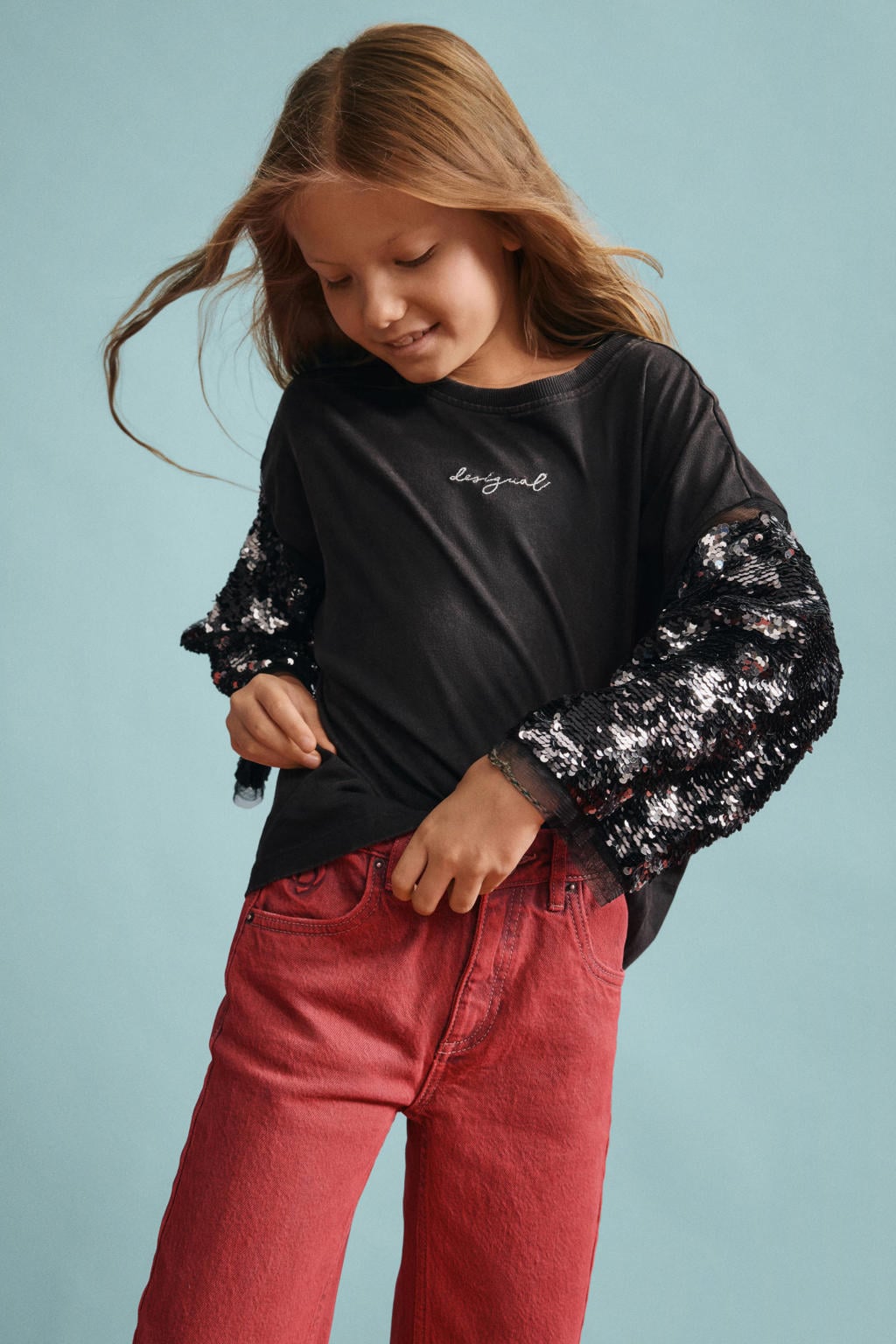 Rode meisjes Desigual straight leg jeans van denim met rits- en knoopsluiting en effen