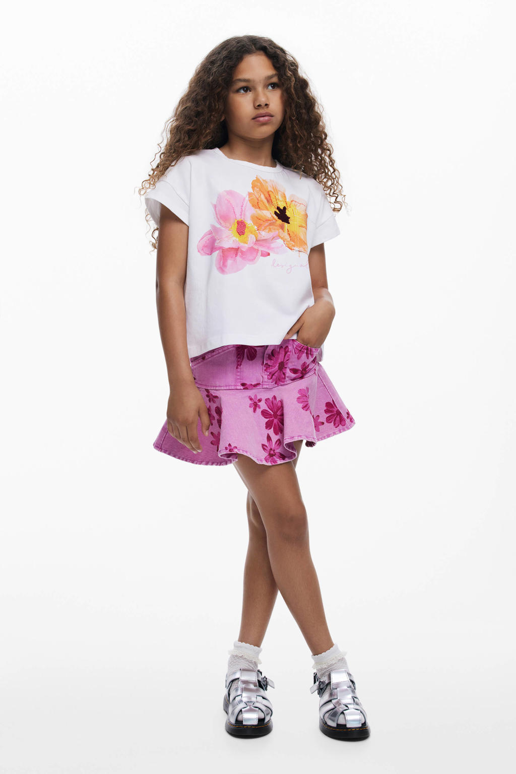 Witte meisjes Desigual gebloemde T-shirt van katoen met korte mouwen en ronde hals