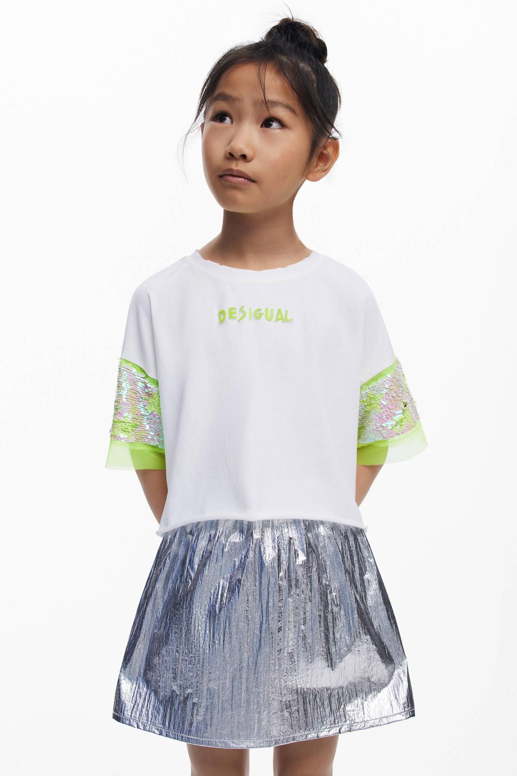 Wit, roze en groene meisjes Desigual T-shirt van katoen met meerkleurige print, korte mouwen en ronde hals
