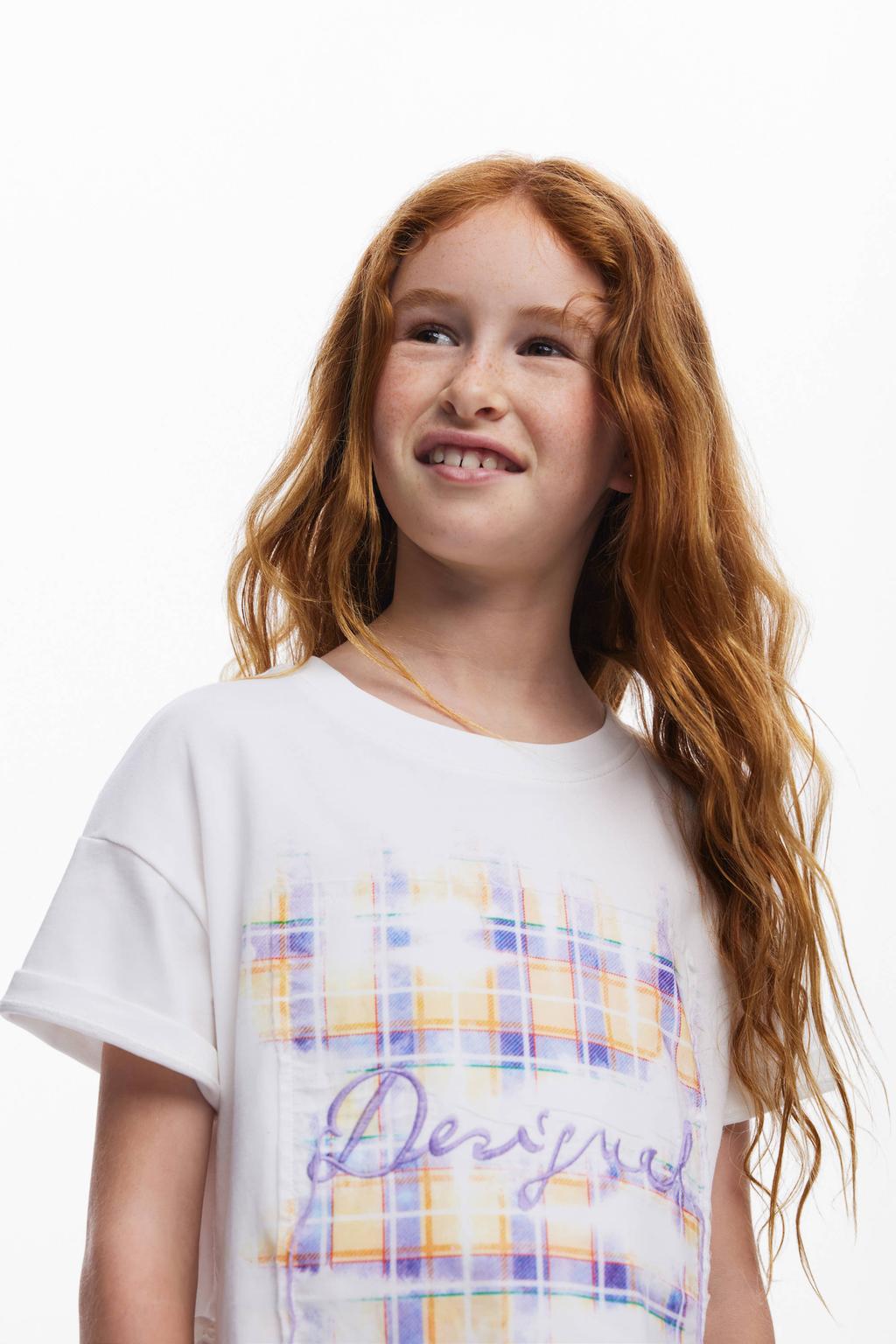 Witte meisjes Desigual T-shirt van katoen met printopdruk, korte mouwen, ronde hals en franjes