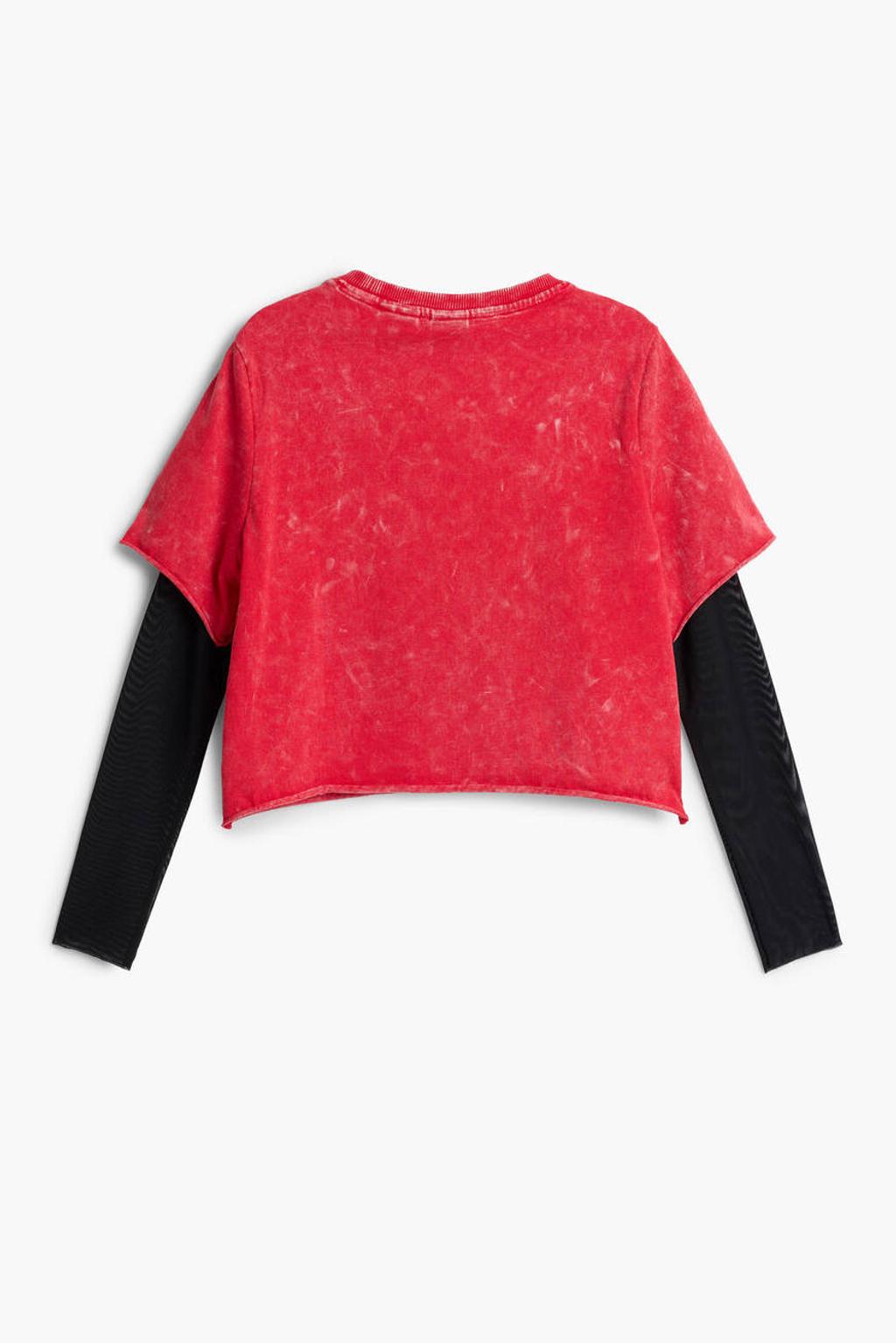 Rood en zwarte meisjes Desigual Mickey Mouse longsleeve van katoen met printopdruk, lange mouwen, ronde hals en pailletten