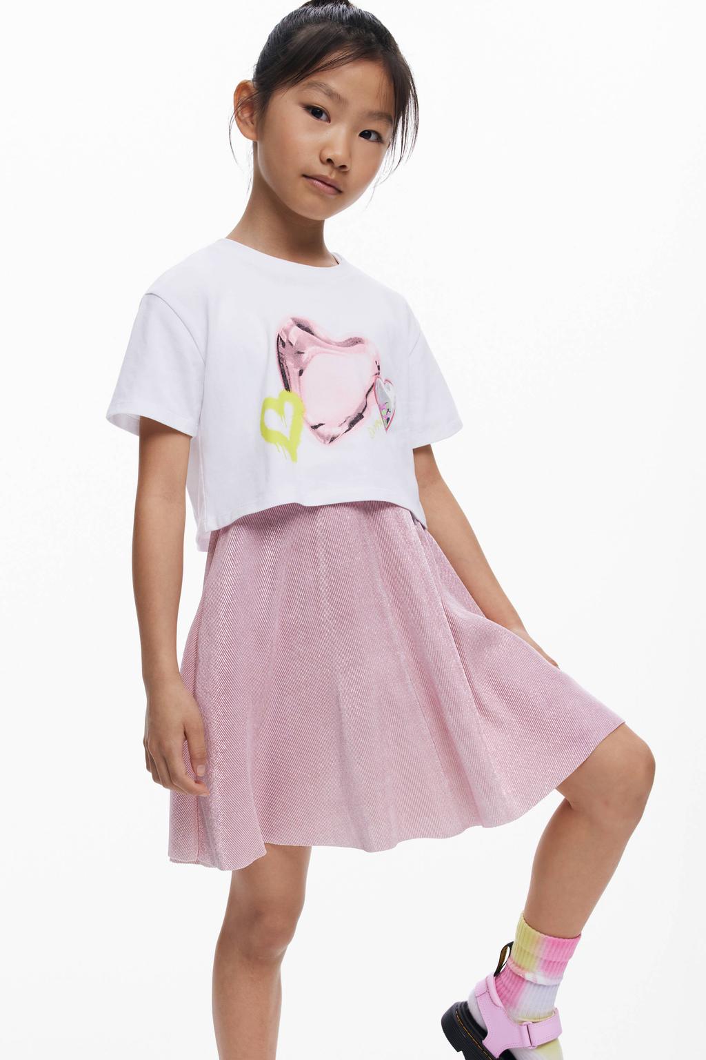 Roze en witte meisjes Desigual A-lijn jurk van katoen met hartjesprint, korte mouwen, ronde hals en glimmend detail