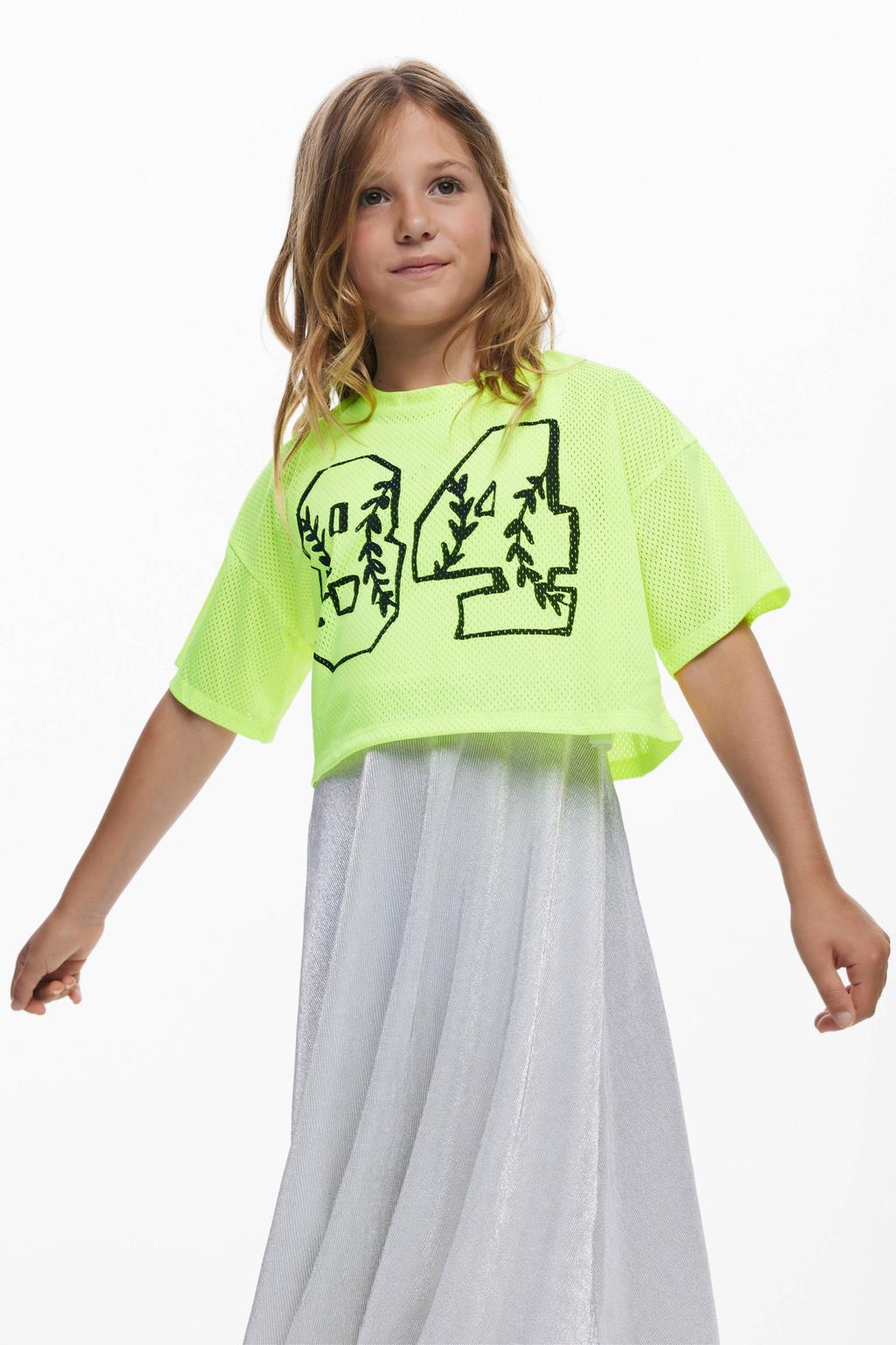 Limegroen, lime en zilverkleurige meisjes Desigual maxi jurk groen van polyester met meerkleurige print, korte mouwen en plooien