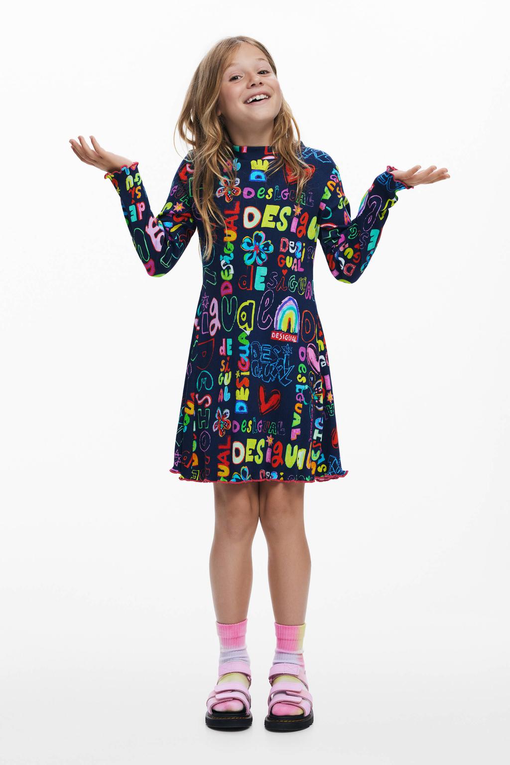 Donkerblauw, geel en roze meisjes Desigual A-lijn jurk van stretchkatoen met lange mouwen en ronde hals