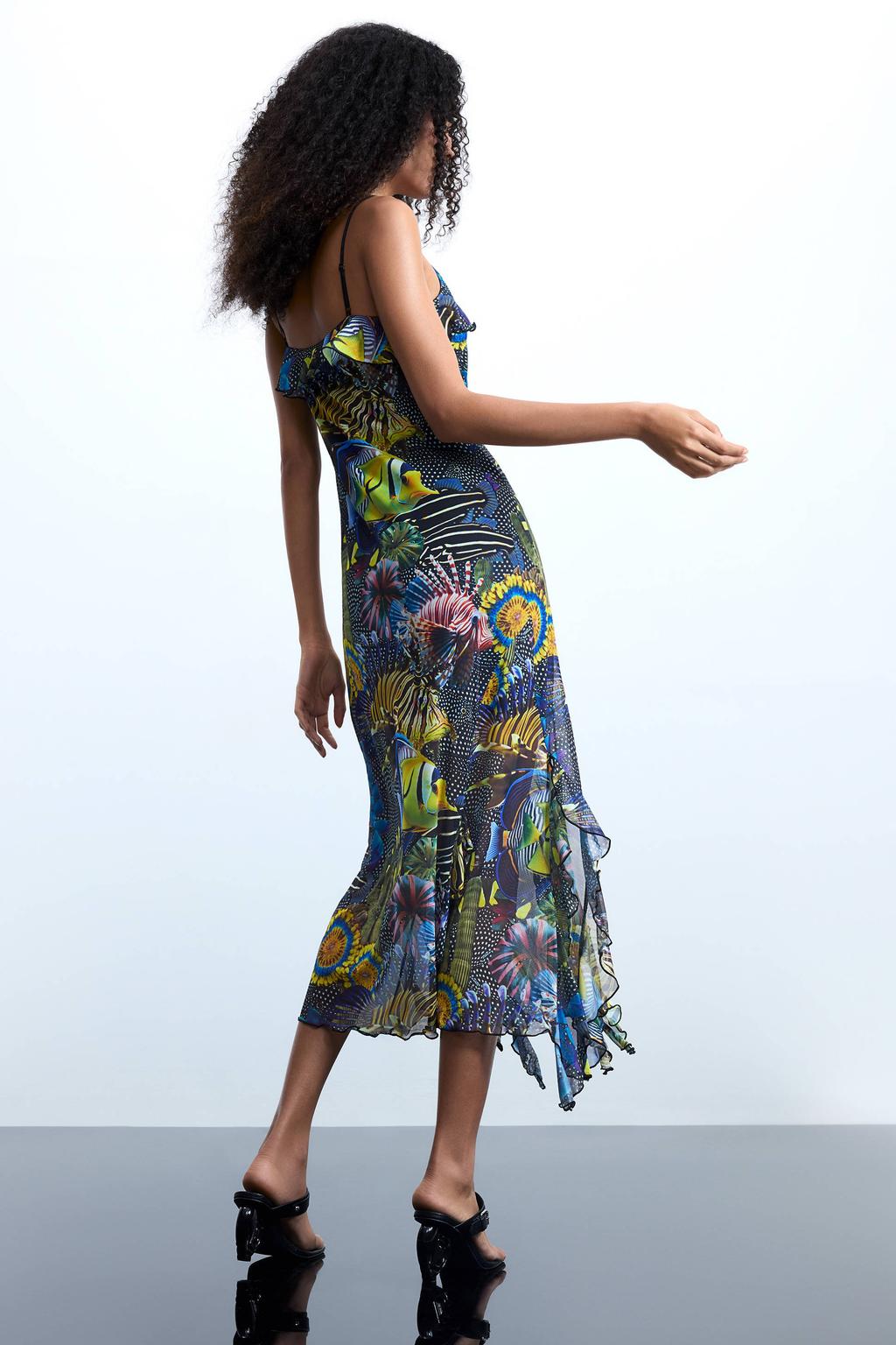 Multikleurige dames Desigual midi jurk van polyester met V-hals
