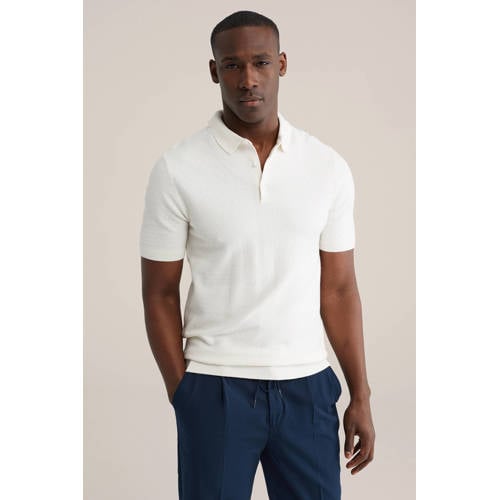 WE Fashion regular polo met ingebreid patroon ecru afbeelding