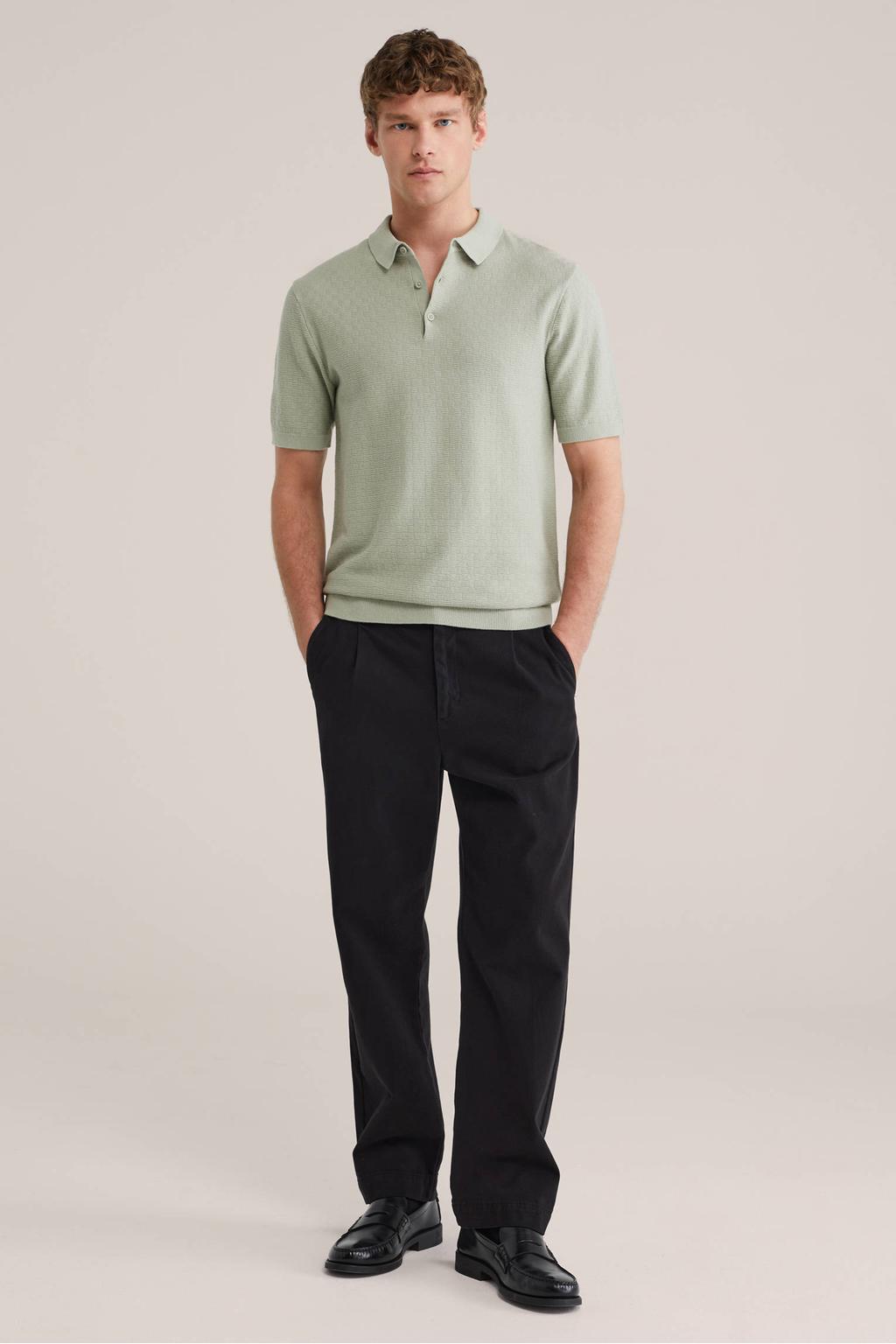 Groene heren WE Fashion regular polo patroon met effen, korte mouwen en knoopsluiting
