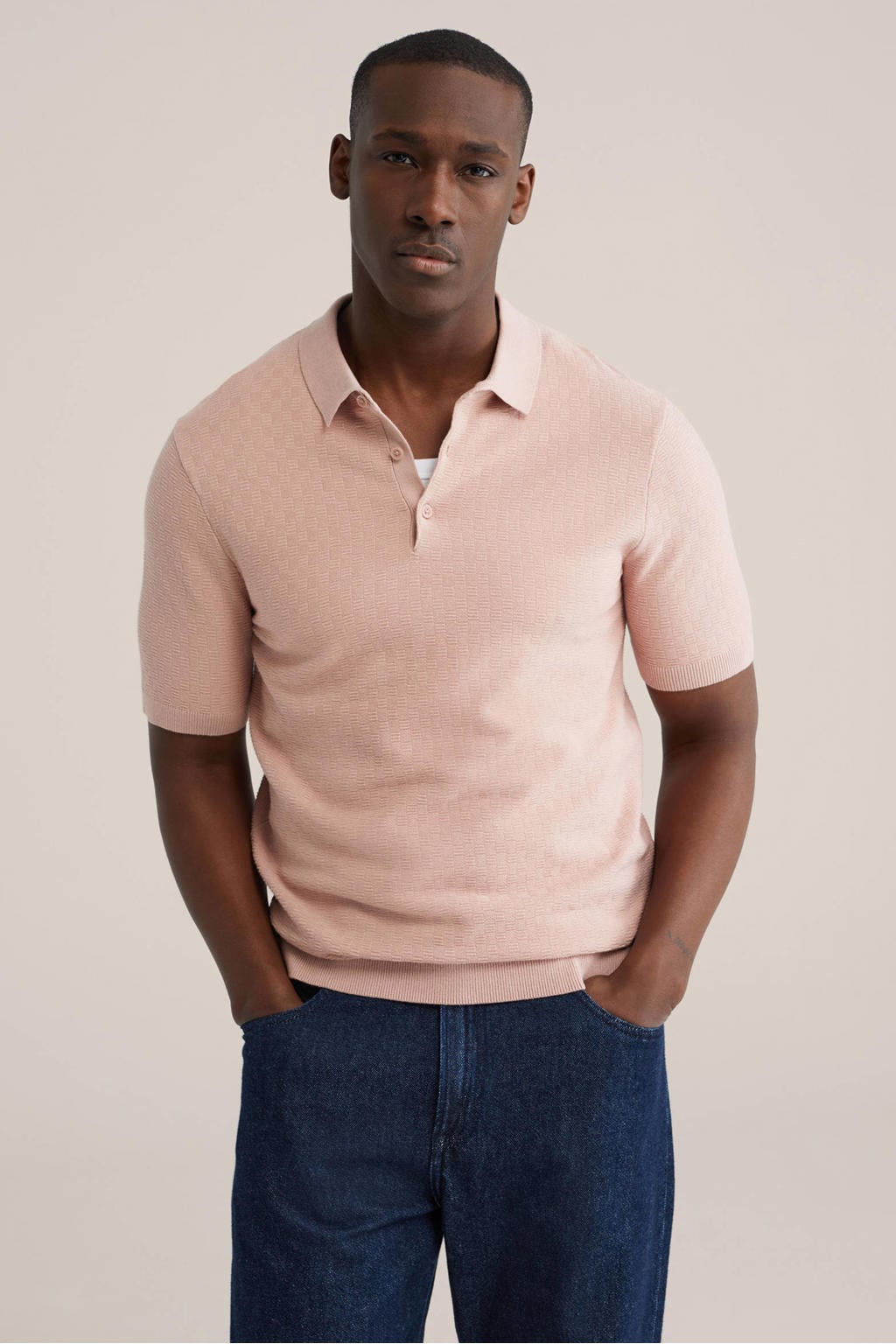 Roze heren WE Fashion regular polo patroon met effen, korte mouwen en knoopsluiting