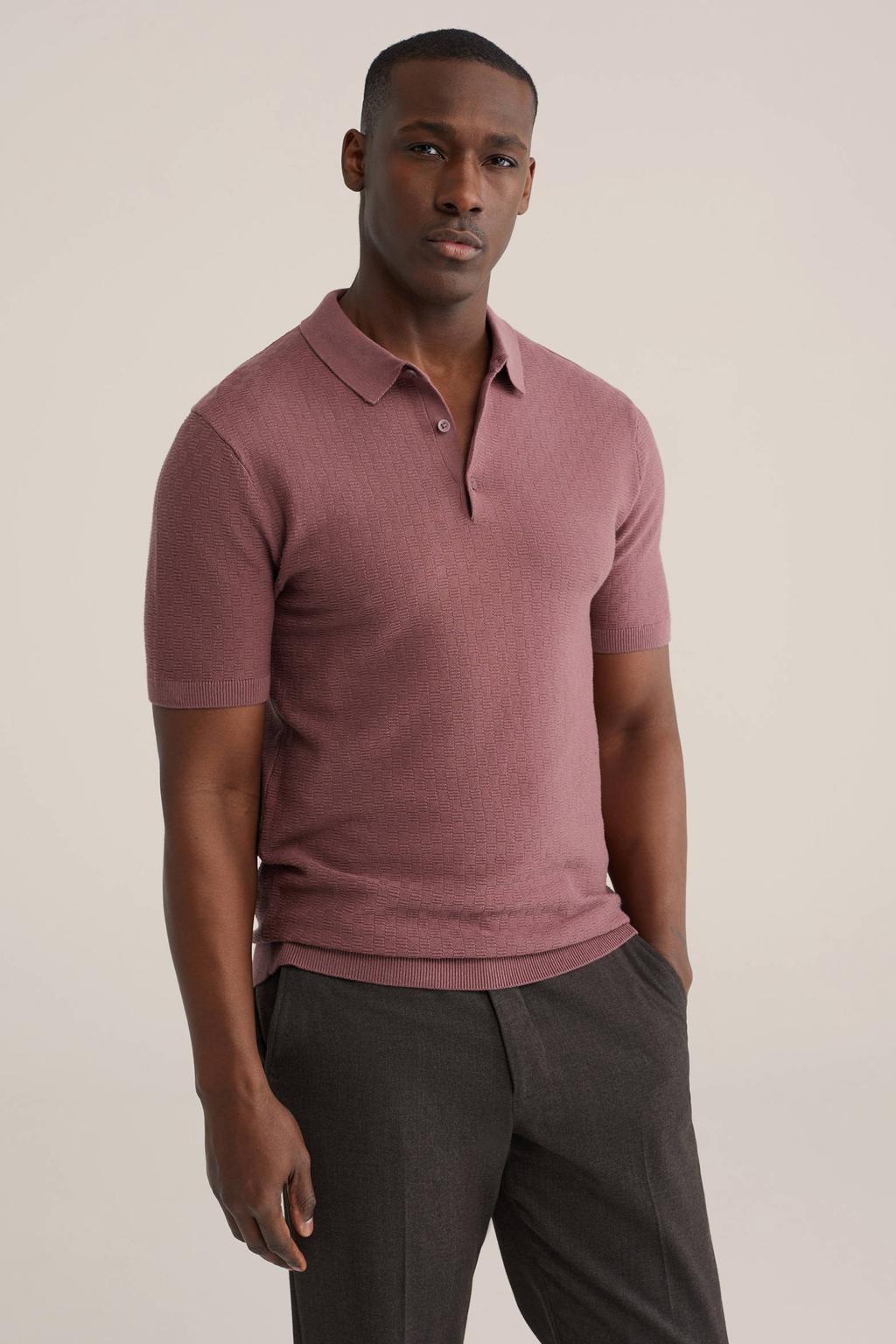 Donkerrode heren WE Fashion regular polo patroon met effen, korte mouwen en knoopsluiting