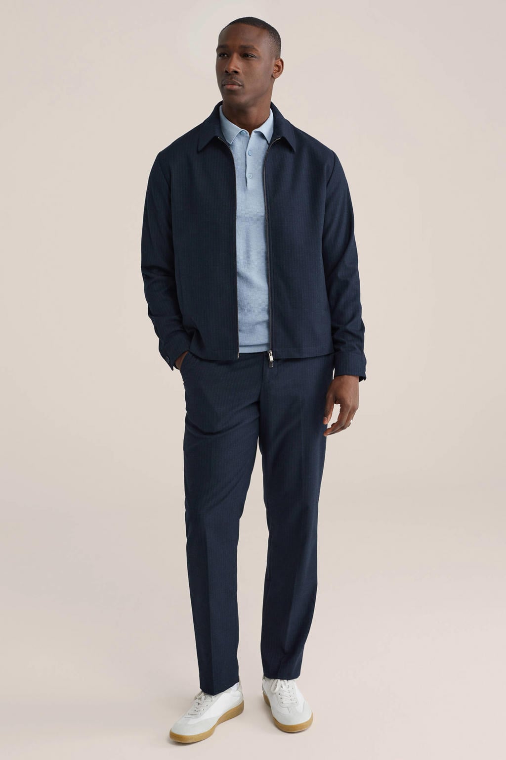 Blauwe heren WE Fashion regular polo patroon met effen, korte mouwen en knoopsluiting