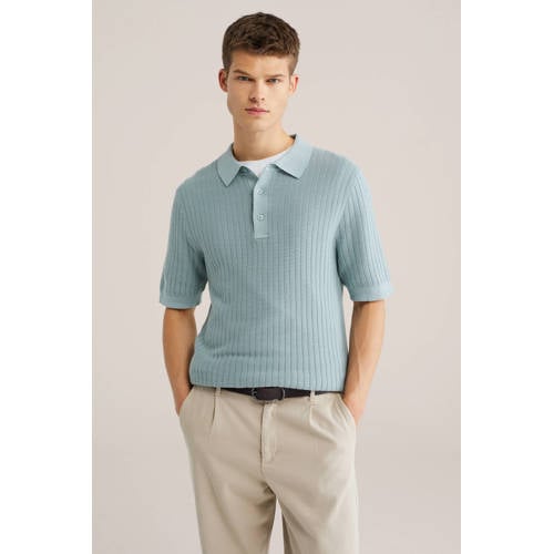 WE Fashion regular polo met ingebreid patroon grijsgroen afbeelding