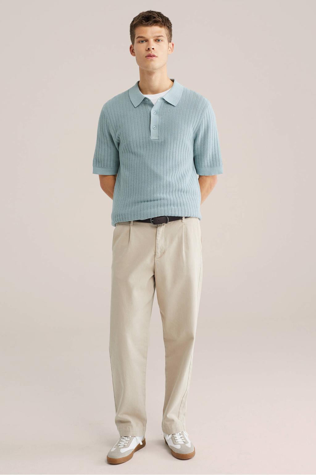 Grijsgroene heren WE Fashion regular polo patroon groen met effen, korte mouwen en knoopsluiting